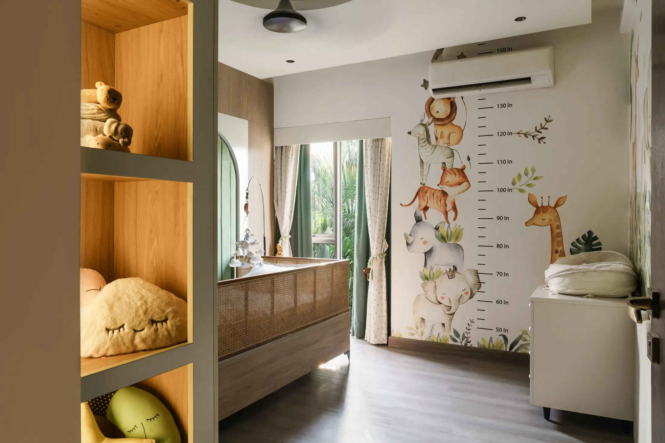 Open wardrobe, mirror and mural wall