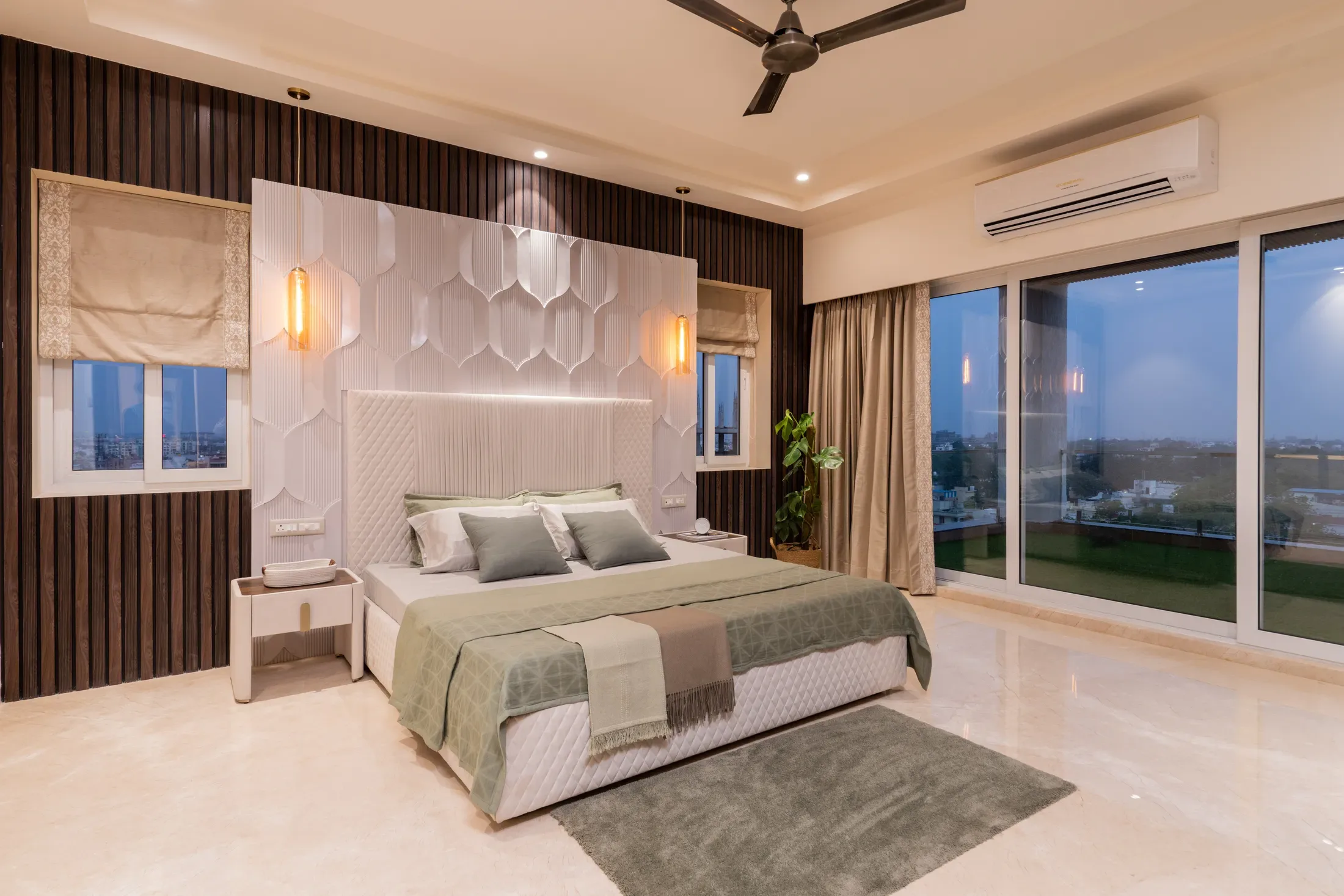 Bedroom with a stone-clad wall
