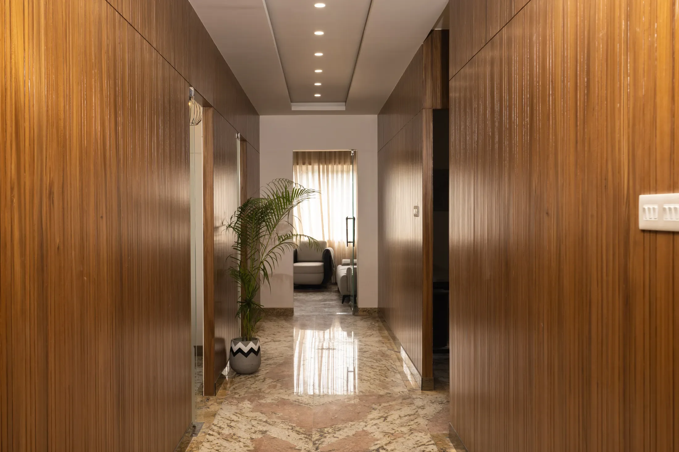 Walnut-lined corridor
